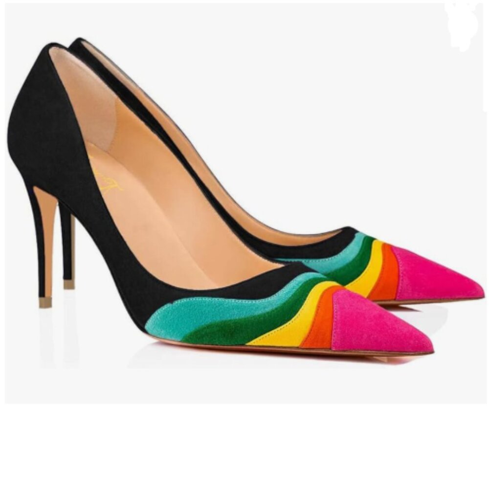 FOWT Black Rainbow Pumps High Heel Pointed Toe Pump Slip-on Rainbow Shoes